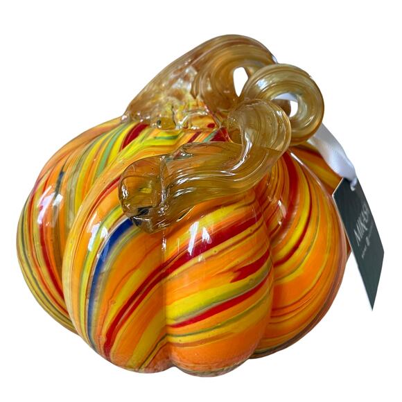 MIKASA Hand Blown Art Glass Pumpkin Orange Multi Swirl Designer Fall Decor New - Picture 1 of 14